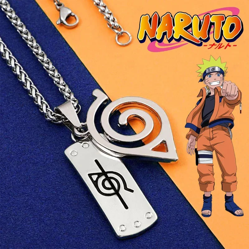 Collier pendentif NARUTO : logo creux en acier inoxydable couleur argent, chaîne longue, accessoire de mode pour hommes et femmes