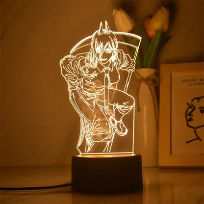 Figurine lumineuse représentant les personnages de Chainsaw Man. Idéal pour décorer une chambre d'enfant, ce stand LED peut également servir de veilleuse. Parfait comme cadeau d'anniversaire pour les fans de Chainsaw Man, combinant décoration et utilité