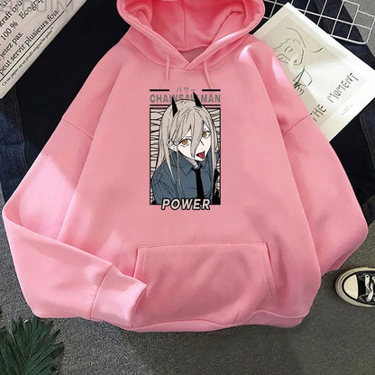 Sweat à capuche pour femmes avec impression Kawaii de Power de Chainsaw Man. Ce sweatshirt Harajuku est idéal pour l'automne et offrant un style décontracté. Parfait pour les fans de l'anime à la recherche d'un vêtement cosy et tendance