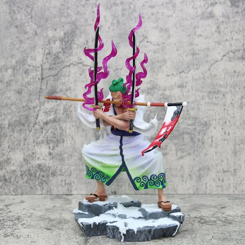 Figura de una pieza de 31 cm | Roronoa Zoro en plena acción con su Santôryû (estilo de tres espadas). Una incorporación impresionante para cualquier colección de One Piece, que captura el poder y la determinación del famoso espadachín. 