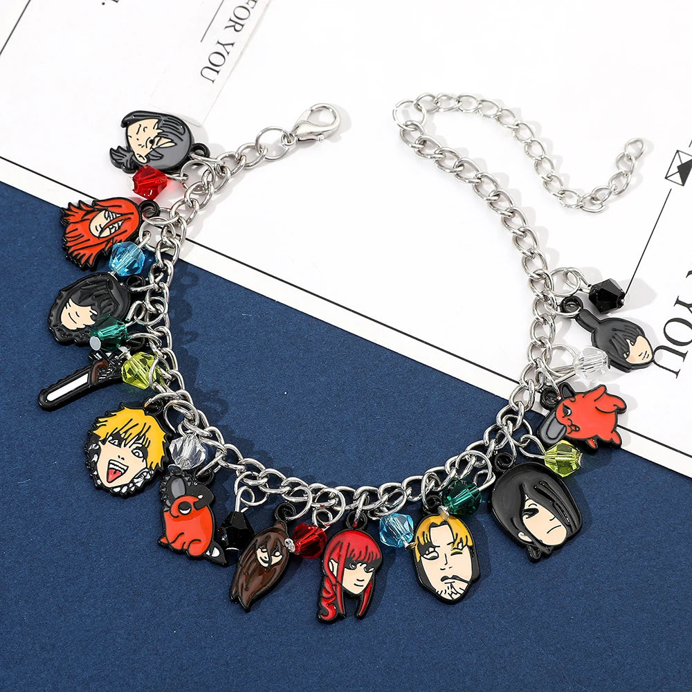 Bracelet Chainsaw Man | Bracelet à breloques avec pendentifs des personnages de Chainsaw Man. Parfait pour les fans de l'anime, cet accessoire stylé est un excellent cadeau pour hommes. Idéal pour compléter une tenue avec une touche d’anime