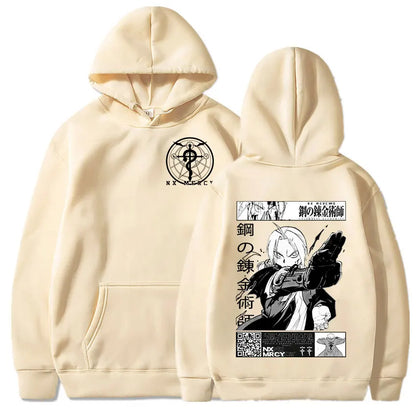 Sweat à capuche oversized inspiré du style Harajuku, avec impression Fullmetal Alchemist. Ce pull classique, ample et confortable. Parfait pour une tenue décontractée ou un look streetwear tendance