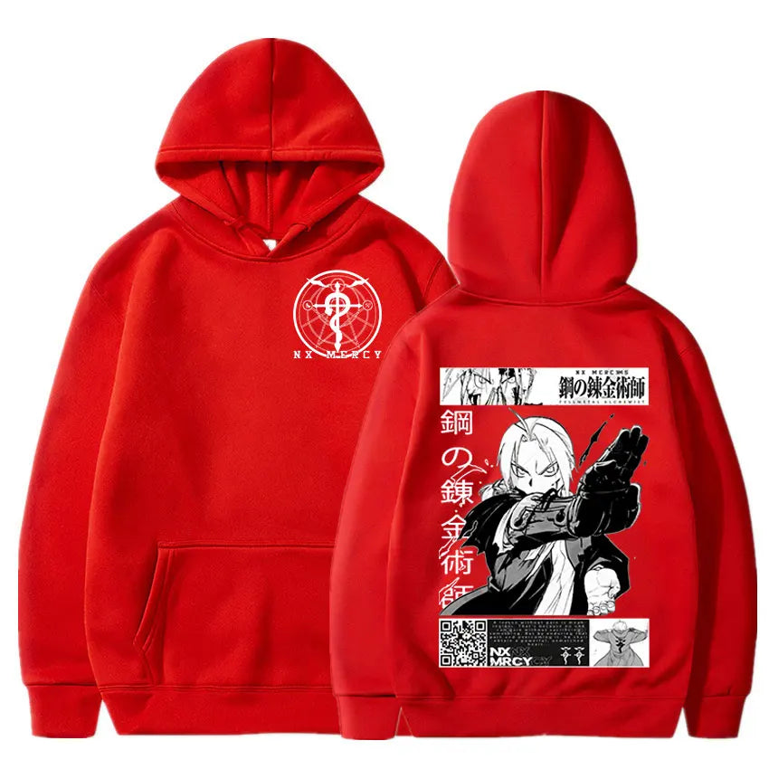 Sweat à capuche oversized inspiré du style Harajuku, avec impression Fullmetal Alchemist. Ce pull classique, ample et confortable. Parfait pour une tenue décontractée ou un look streetwear tendance