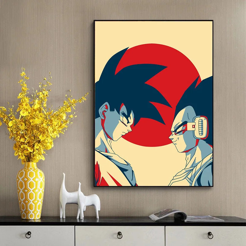 Poster classique Dragon Ball Z avec Vegeta et Goku. Impression sur toile vintage, parfait pour une décoration esthétique et pour offrir en cadeau