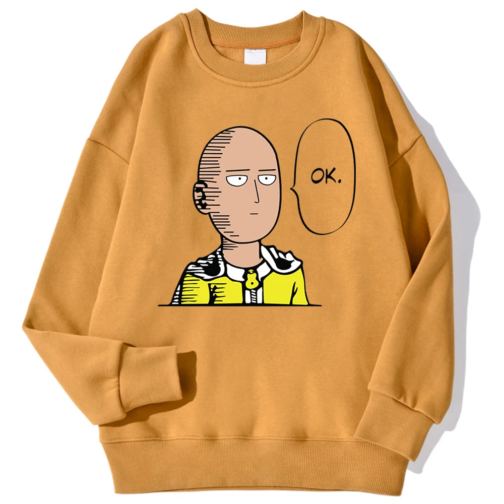 Sweat à capuche chaud et confortable avec imprimé "OK" de Saitama. Idéal pour un look streetwear automnal. Fabrication en polaire douce, parfait pour les fans d'anime