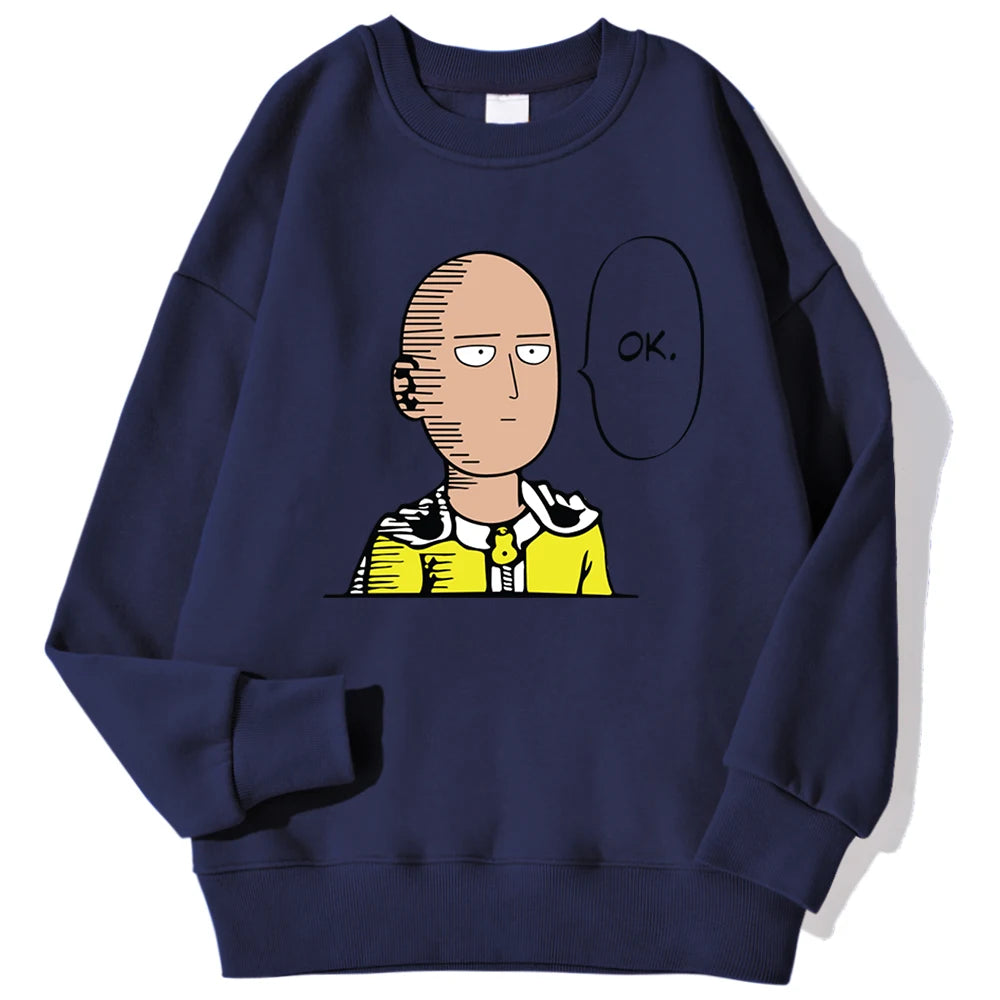 Sweat à capuche chaud et confortable avec imprimé "OK" de Saitama. Idéal pour un look streetwear automnal. Fabrication en polaire douce, parfait pour les fans d'anime