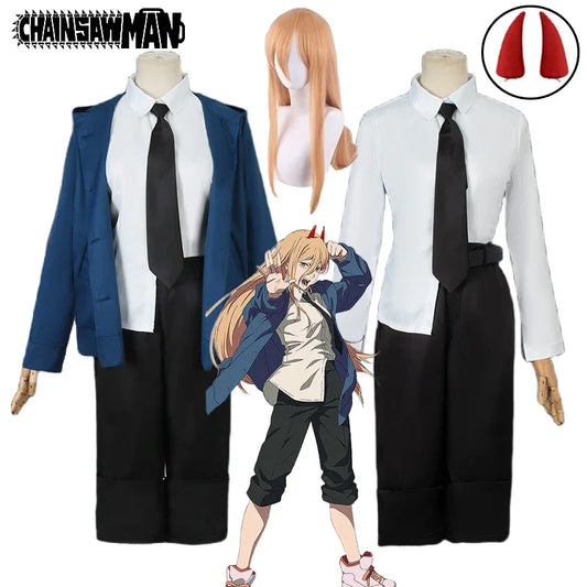 Costume Cosplay Power - Chainsaw Man | Comprend une perruque, une veste bleue, un pantalon, et des cornes pour recréer le look iconique de Power. Parfait pour Halloween, cosplay, ou événements thématiques pour femmes et filles fans de l'anime