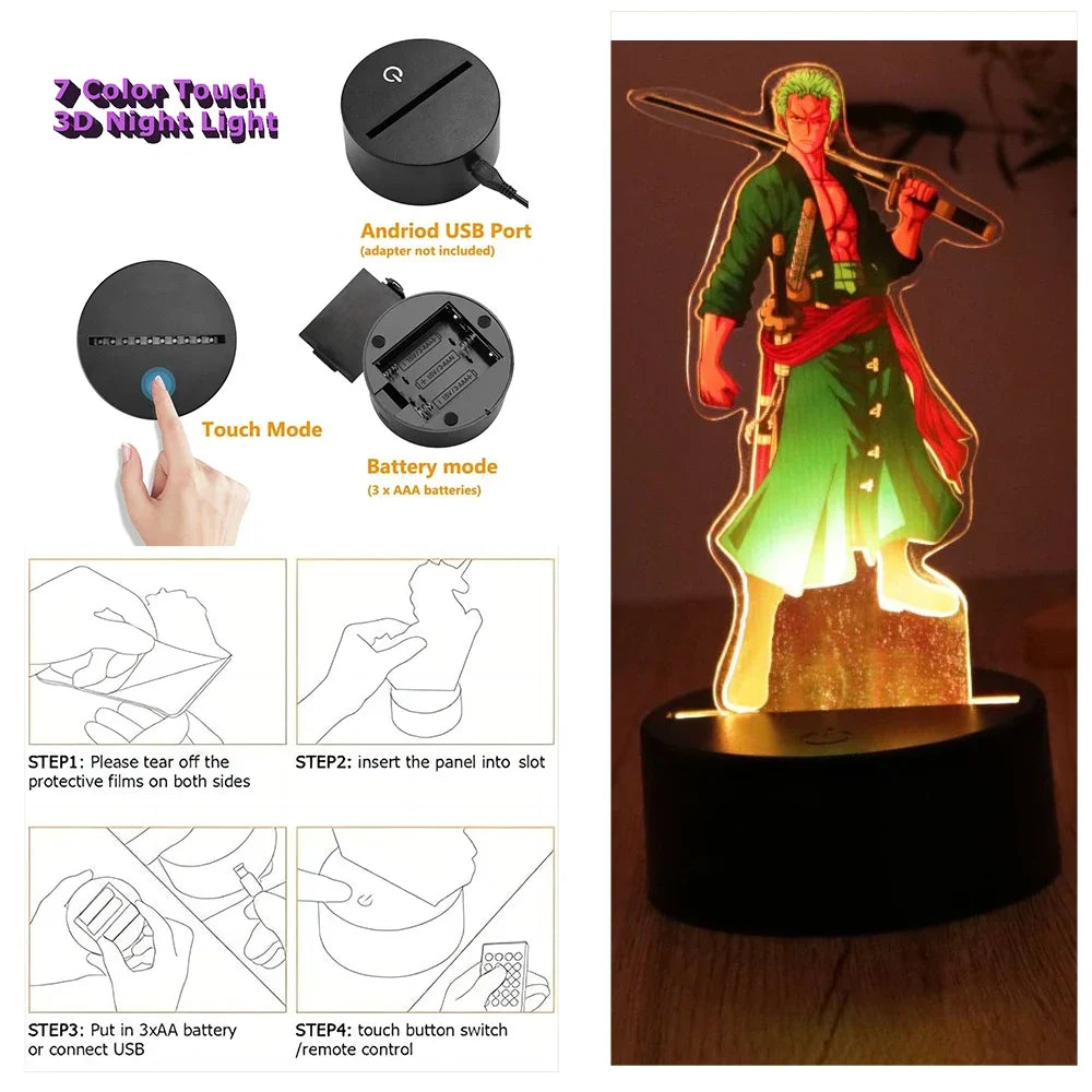 Figurine 3D en acrylique de Luffy et Zoro de One Piece, équipée de LED multicolores. Idéale pour ajouter une touche d'animation à votre décoration avec des effets lumineux impressionnants !