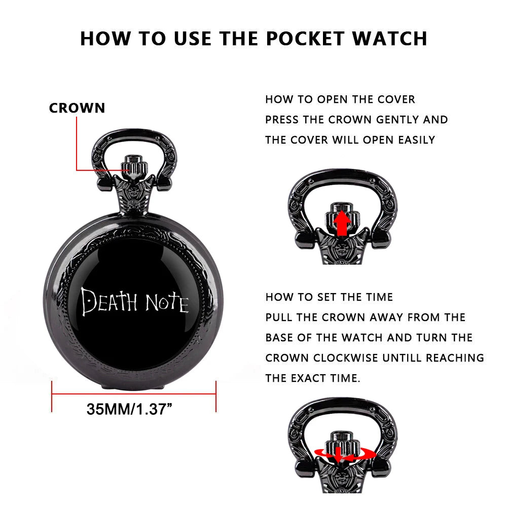 Montre à quartz avec design de Death Note sous un dôme en verre. Parfait comme pendentif sur chaîne, idéal comme cadeau pour les fans de Death Note