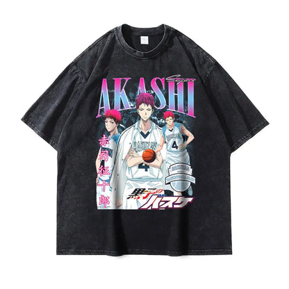 T-shirts vintage oversized avec design Kuroko Tetsuya et Aomine Daiki. Style streetwear inspiré du manga, parfait pour les fans. Disponible pour hommes