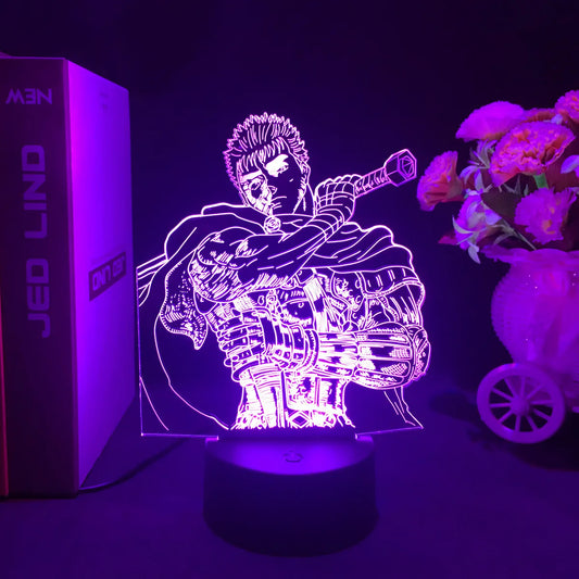 Lampe 3D LED représentant Guts le personnage emblématique de Berserk, parfaite pour illuminer une chambre avec une touche anime. Cette lampe est idéale comme décoration ou comme cadeau pour les enfants et les fans de l'anime