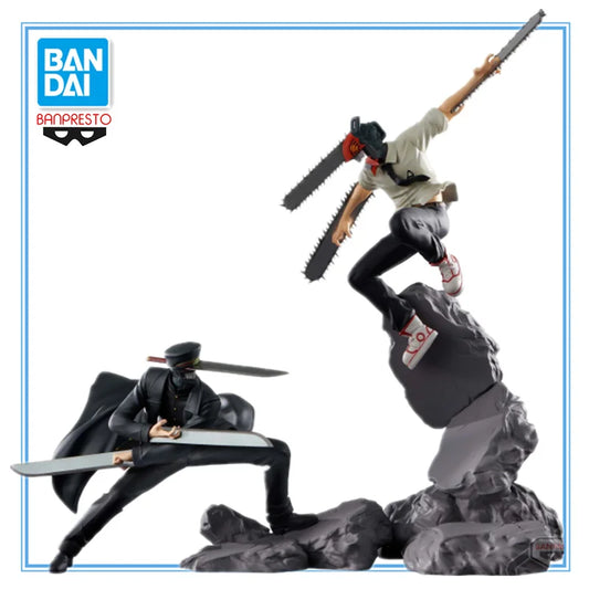 17-24cm Figurine Originale BANDAI BANPRESTO Chainsaw Man | Modèle de combat combiné en PVC de Denji et Samurai Sword en plein combat, inspiré de l'anime Chainsaw Man. Parfait pour les collectionneurs et fans, cette figurine d'action est un cadeau idéal