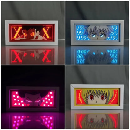 Cazador X Cazador | Marco de luz LED 3D con diseños en papel tallado de Gon, Kurapika, Hisoka y Killua. Una lámpara de ambiente perfecta para los fans del manga, ideal como decoración nocturna o regalo de cumpleaños. 