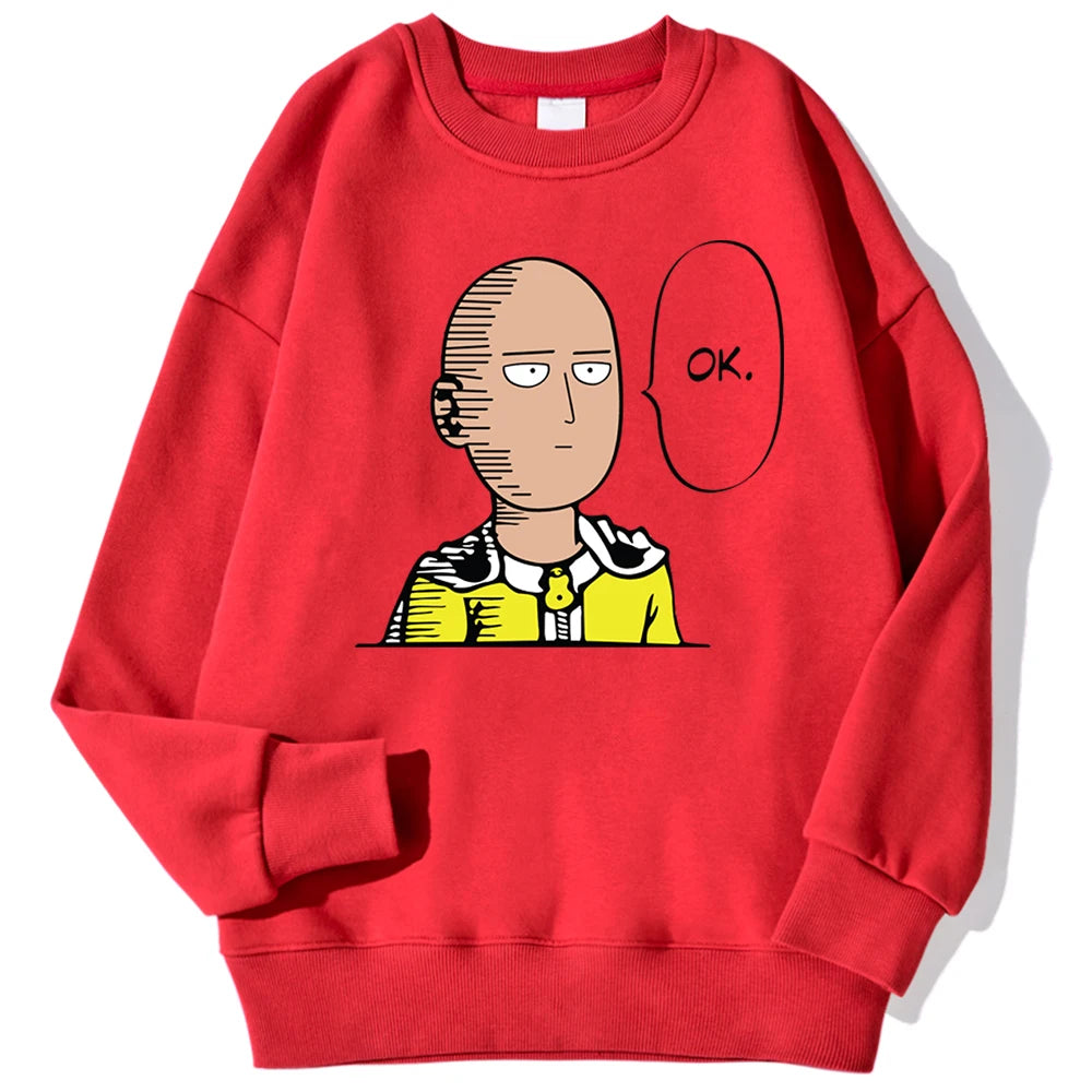 Sweat à capuche chaud et confortable avec imprimé "OK" de Saitama. Idéal pour un look streetwear automnal. Fabrication en polaire douce, parfait pour les fans d'anime