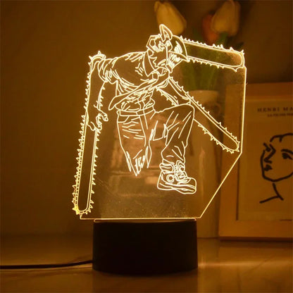 Figurine lumineuse représentant les personnages de Chainsaw Man. Idéal pour décorer une chambre d'enfant, ce stand LED peut également servir de veilleuse. Parfait comme cadeau d'anniversaire pour les fans de Chainsaw Man, combinant décoration et utilité