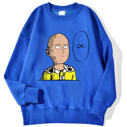 Sweat à capuche chaud et confortable avec imprimé "OK" de Saitama. Idéal pour un look streetwear automnal. Fabrication en polaire douce, parfait pour les fans d'anime