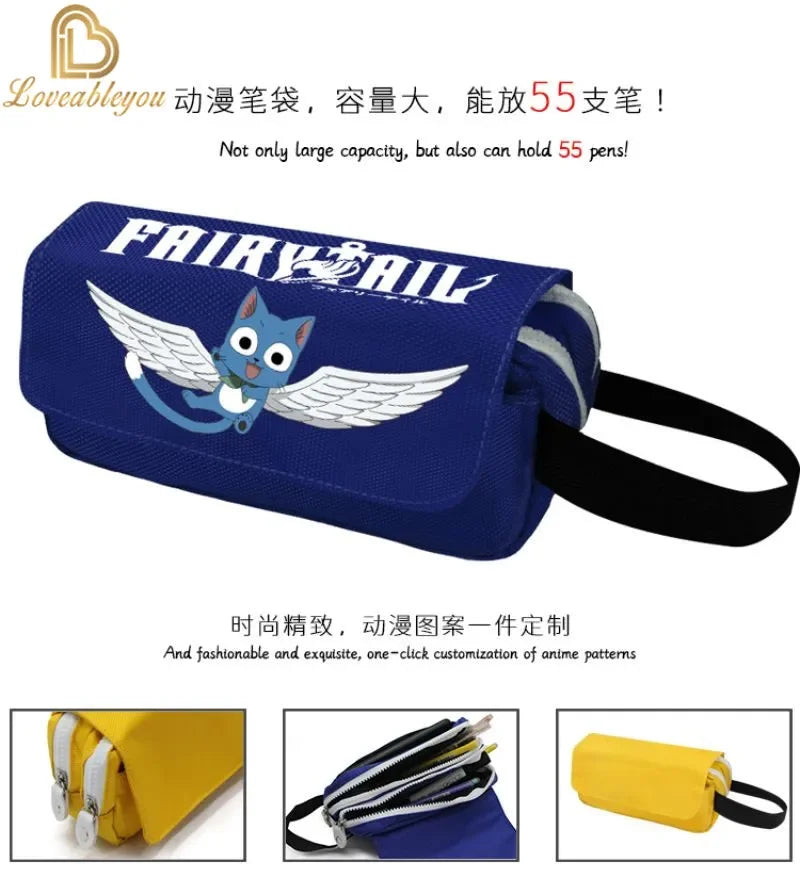 Fairy Tail Large Capacity Pencil Case Canvas School Pen Case Zipper Double Layered Supplies Box Pouch Stationery Toys Gift