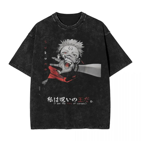 T-shirt Jujutsu Kaisen en coton lavé, inspiré du style Harajuku. Ce haut rétro et unisexe est parfait pour les fans d’anime et pour ajouter une touche unique à votre style vestimentaire