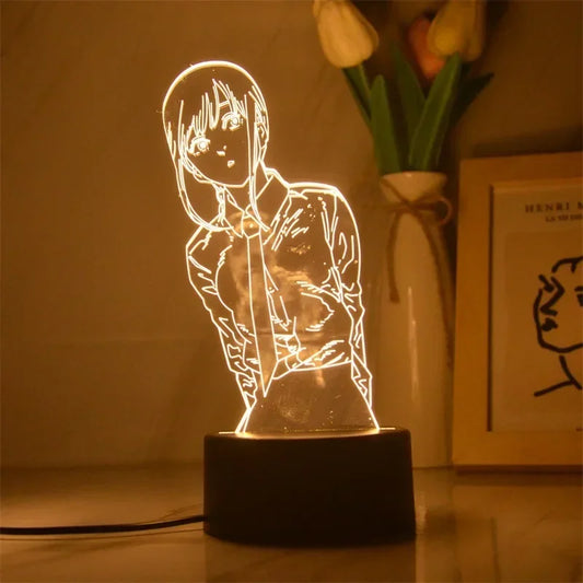 Figurine lumineuse représentant les personnages de Chainsaw Man. Idéal pour décorer une chambre d'enfant, ce stand LED peut également servir de veilleuse. Parfait comme cadeau d'anniversaire pour les fans de Chainsaw Man, combinant décoration et utilité