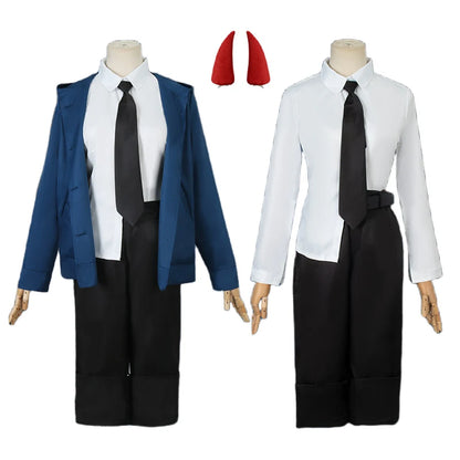 Disfraz de Power Cosplay - Hombre motosierra | Incluye una peluca, una chaqueta azul, pantalones y cuernos para recrear el aspecto icónico de Power. Perfecto para Halloween, cosplay o eventos temáticos para mujeres y niñas fanáticos del anime.