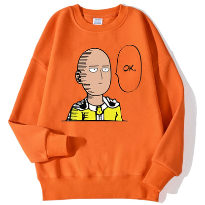 Sweat à capuche chaud et confortable avec imprimé "OK" de Saitama. Idéal pour un look streetwear automnal. Fabrication en polaire douce, parfait pour les fans d'anime