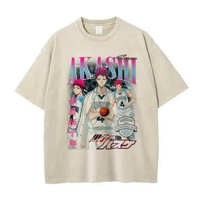 T-shirts vintage oversized avec design Kuroko Tetsuya et Aomine Daiki. Style streetwear inspiré du manga, parfait pour les fans. Disponible pour hommes