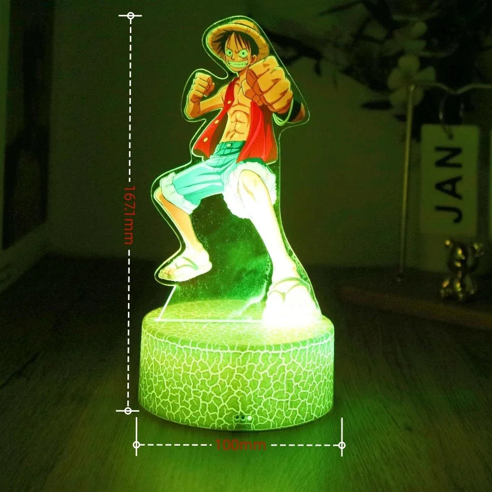 Figurine 3D en acrylique de Luffy et Zoro de One Piece, équipée de LED multicolores. Idéale pour ajouter une touche d'animation à votre décoration avec des effets lumineux impressionnants !