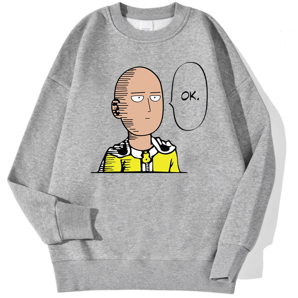 Sweat à capuche chaud et confortable avec imprimé "OK" de Saitama. Idéal pour un look streetwear automnal. Fabrication en polaire douce, parfait pour les fans d'anime