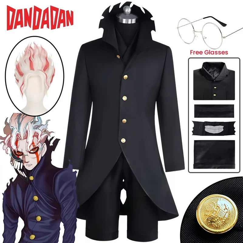 Cosplay DAN DA DAN de Ken Takakura (Okarun) -  Uniforme noir, perruque et masque facial et lunettes emblématiques. Idéal pour cosplay et fans de Dandadan