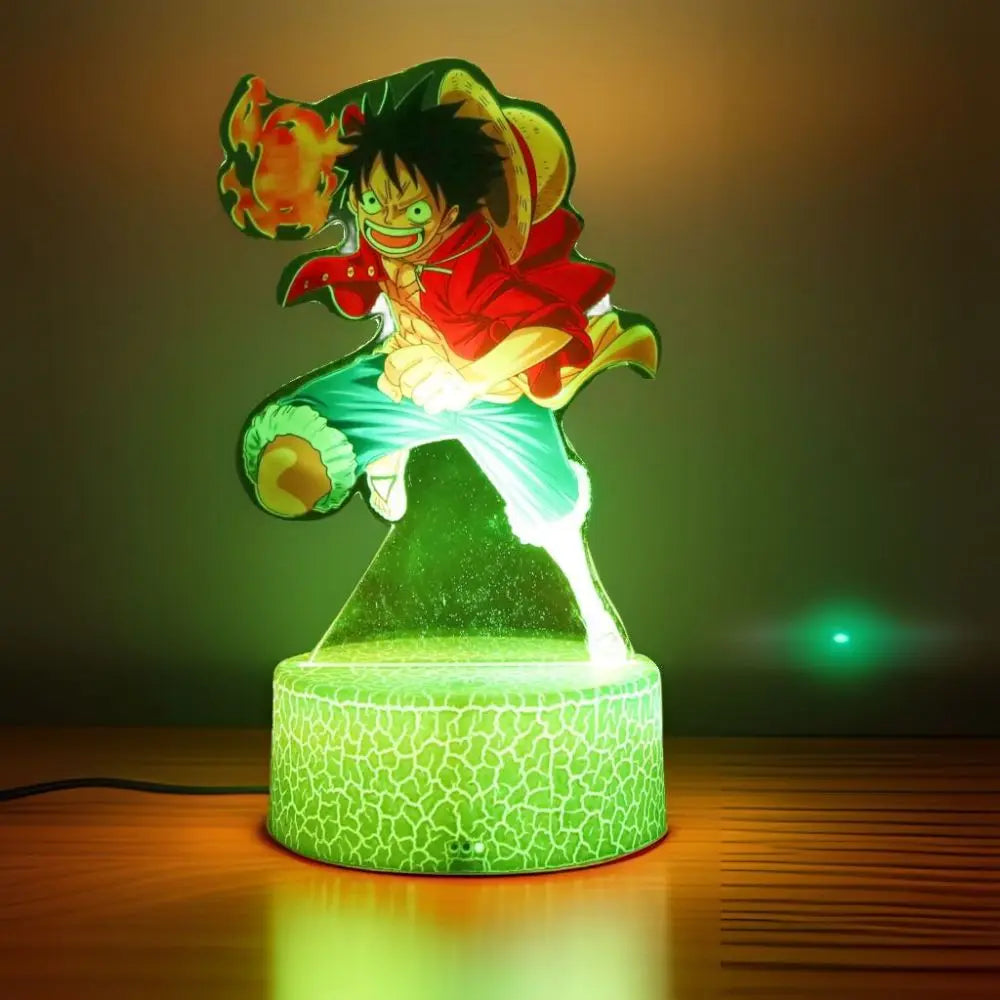 Figurine 3D en acrylique de Luffy et Zoro de One Piece, équipée de LED multicolores. Idéale pour ajouter une touche d'animation à votre décoration avec des effets lumineux impressionnants !