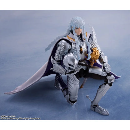 16cm BERSERK Figure | Genuine BANDAI SHF figure of Griffith and his white horse, with interchangeable parts. Ideal for collectors and anime fans. A perfect gift for children and adults