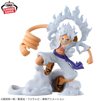 12cm Figurine BANDAI de Luffy en mode Gear 5 Nika, issue de One Piece. Modèle détaillé en PVC, parfait pour les collectionneurs et les fans de l'anime. Idéal comme cadeau ou pour compléter une collection