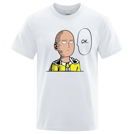 T-shirt Oversize One Punch Man | T-shirt en coton doux avec imprimé "OK" de One Punch Man. Design hip-hop décontracté, parfait pour l'été. Idéal pour les fans d'anime