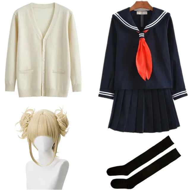 Cosplay My Hero Academia | Transformez-vous en Himiko Toga avec ce costume complet inspiré. Comprend un uniforme JK, un pull, un manteau et une perruque. Idéal pour Halloween, cosplay ou événements thématique