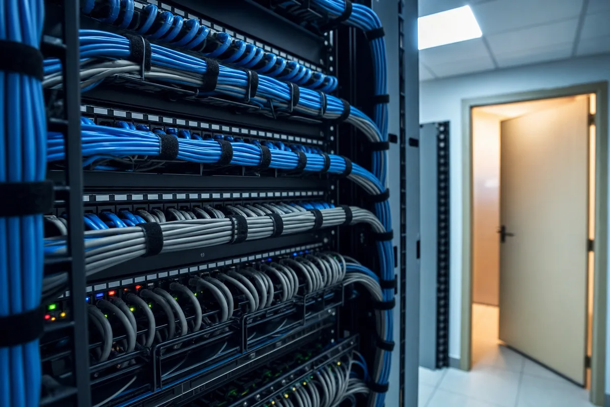 Baie de serveurs téléphoniques dans un local technique, câbles réseau bleus et voyants diffus