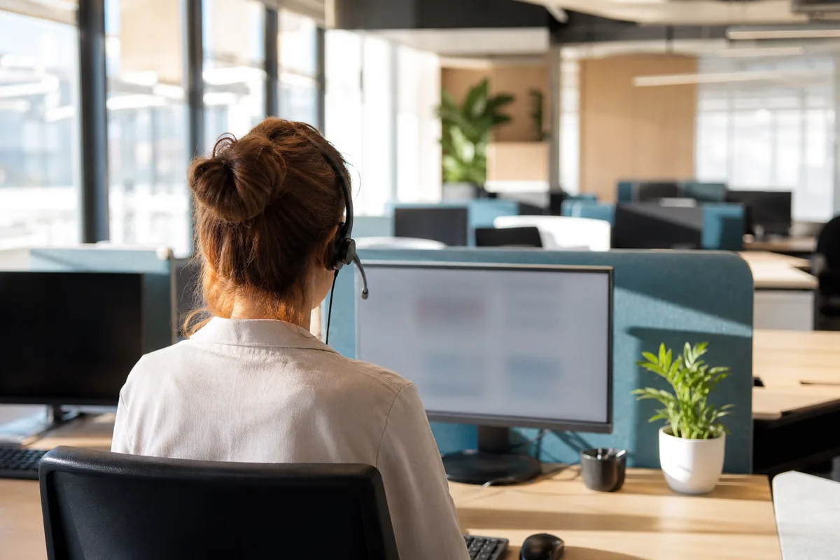 Salarié en centre d appels de dos devant un poste de travail, casque audio sur les oreilles, lumière naturelle