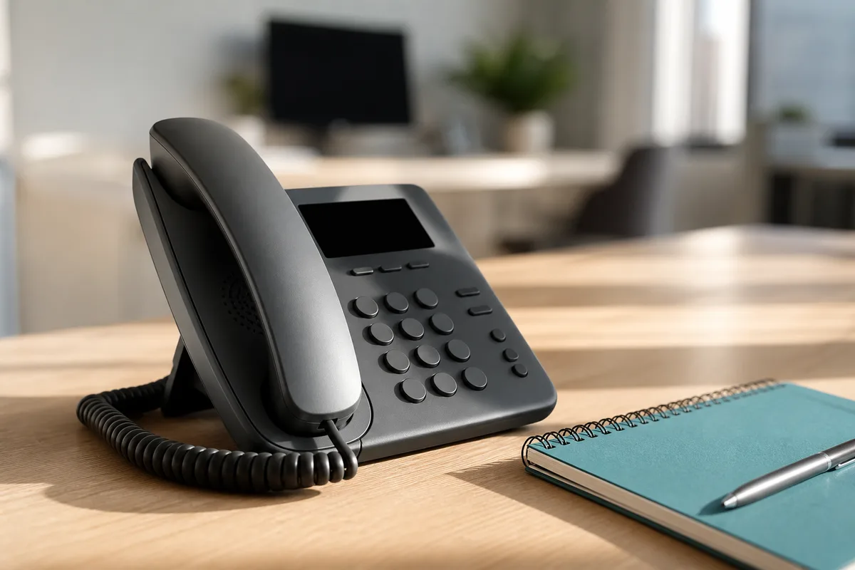 Téléphone fixe professionnel posé sur un bureau clair, écran de PC flouté en arrière-plan