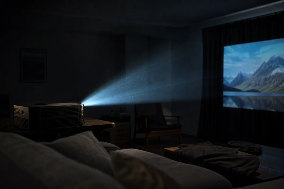 Vidéoprojecteur posé sur une console basse dans un salon aux rideaux tirés, faisceau lumineux visible vers un écran