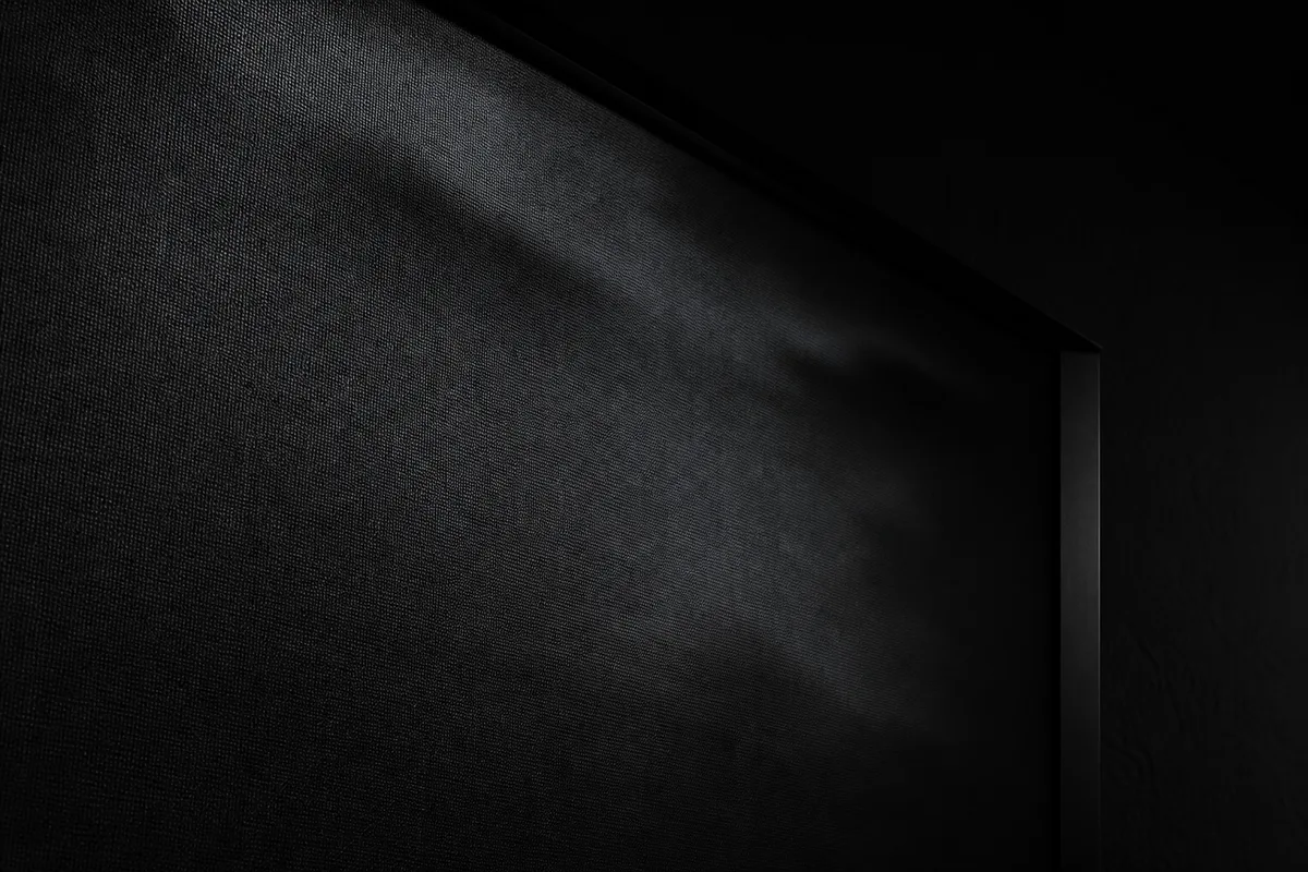 Détail des noirs et des dégradés d une scène nocturne projetée sur une toile tendue, pièce sombre