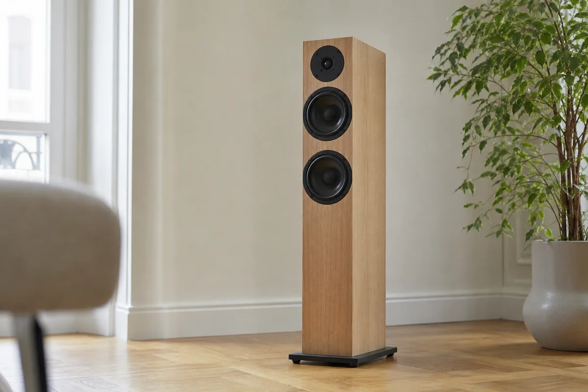 Enceinte colonne en placage bois posée au sol dans un séjour clair, à côté d une plante verte