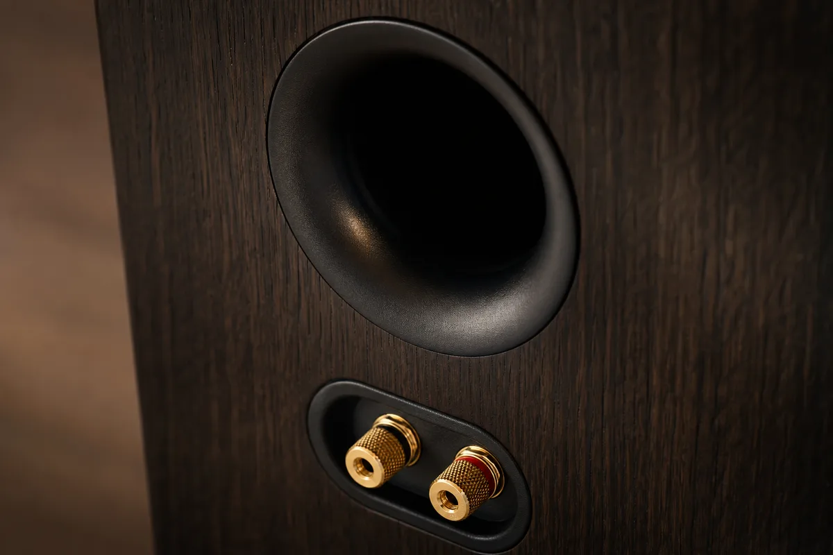 Vue rapprochée de l évent bass-reflex circulaire à l arrière d un coffret d enceinte en bois sombre