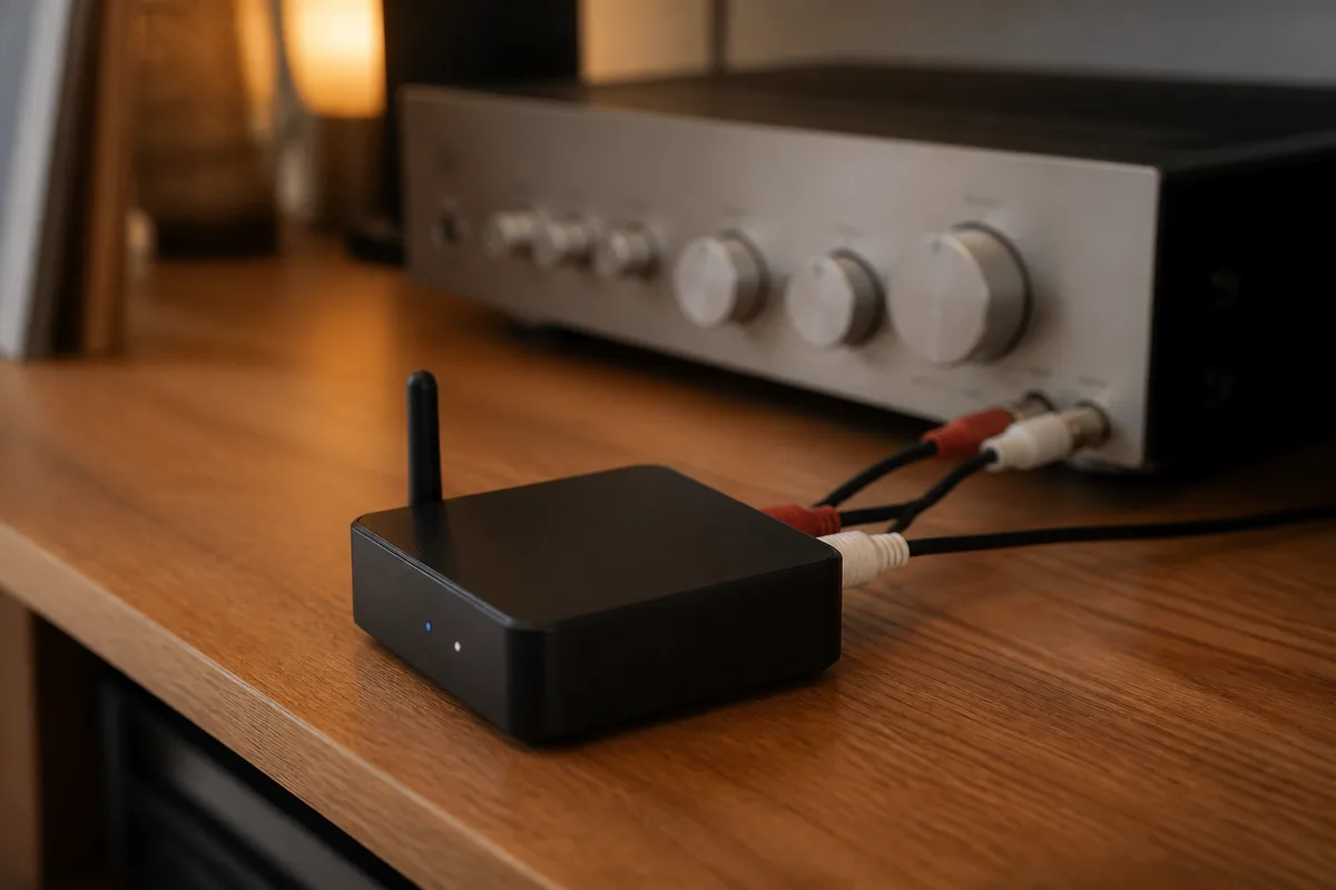 Récepteur Bluetooth compact relié à une chaîne hi-fi par des câbles RCA