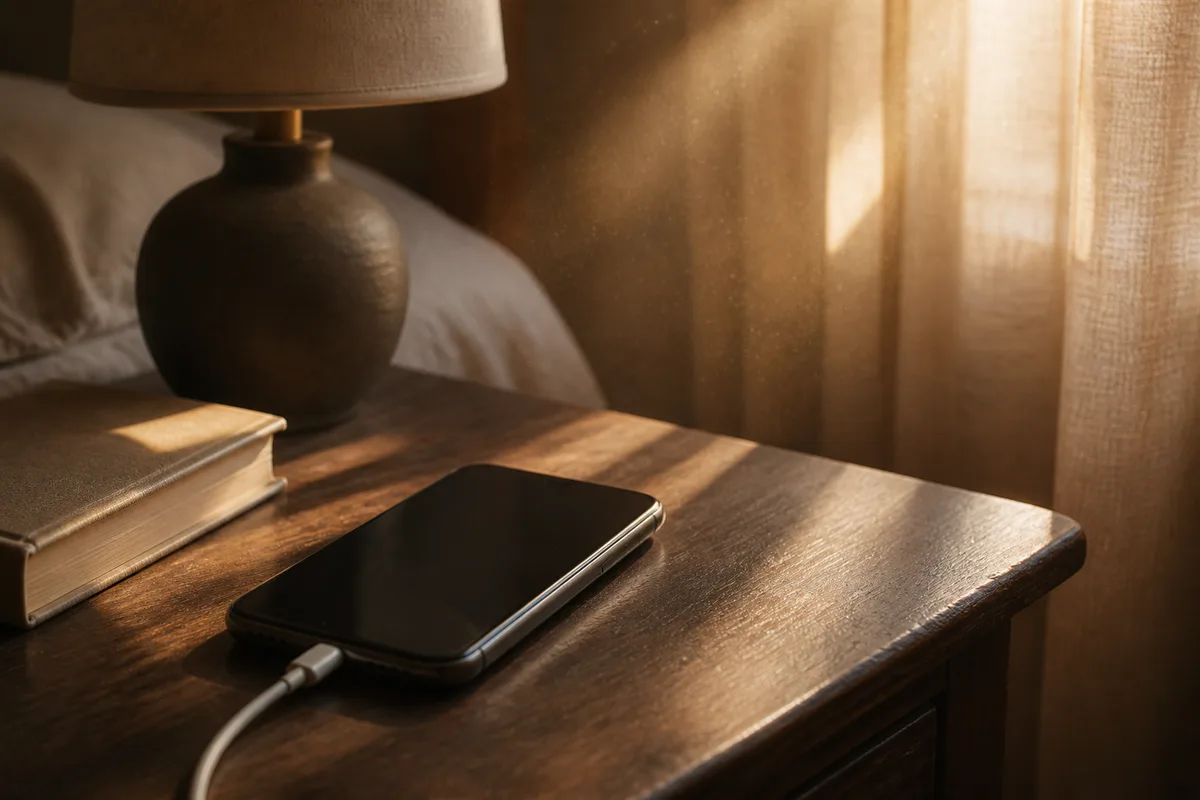 Smartphone en charge sur une table de nuit, lumière tamisée du matin