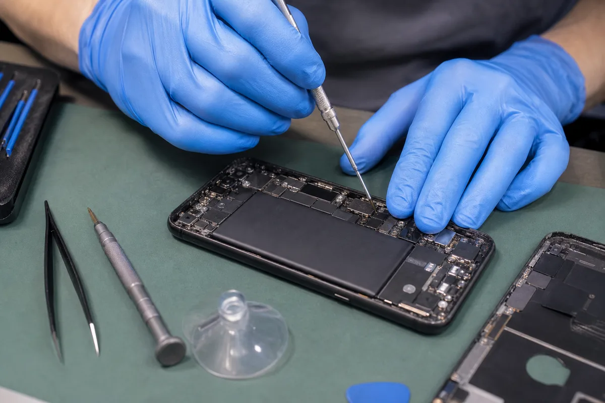 Technicien remplaçant la batterie d’un smartphone démonté sur un plan de travail d’atelier