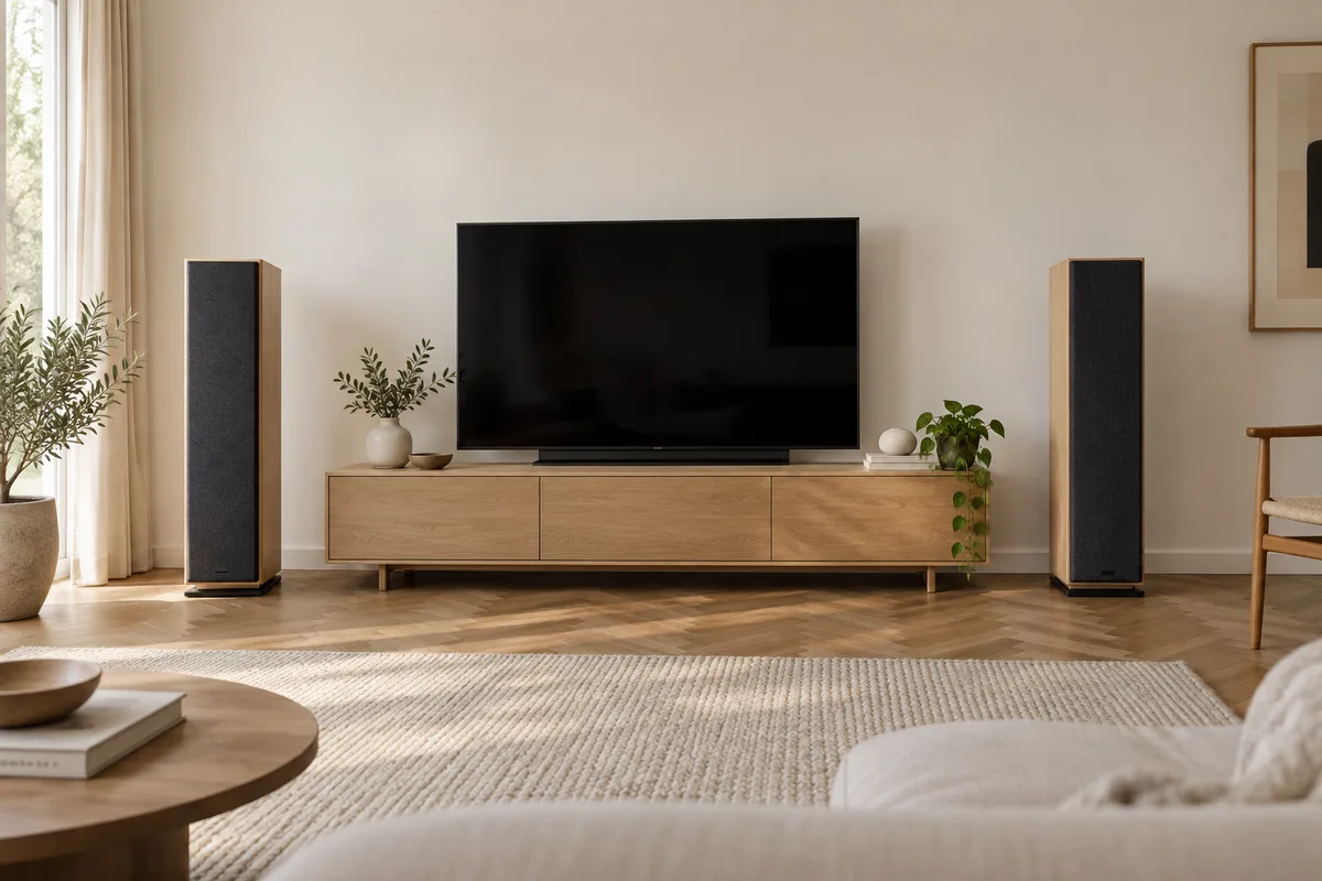 Paire d&rsquo;enceintes colonnes en placage clair posées de part et d&rsquo;autre d&rsquo;un meuble télé bas dans un salon