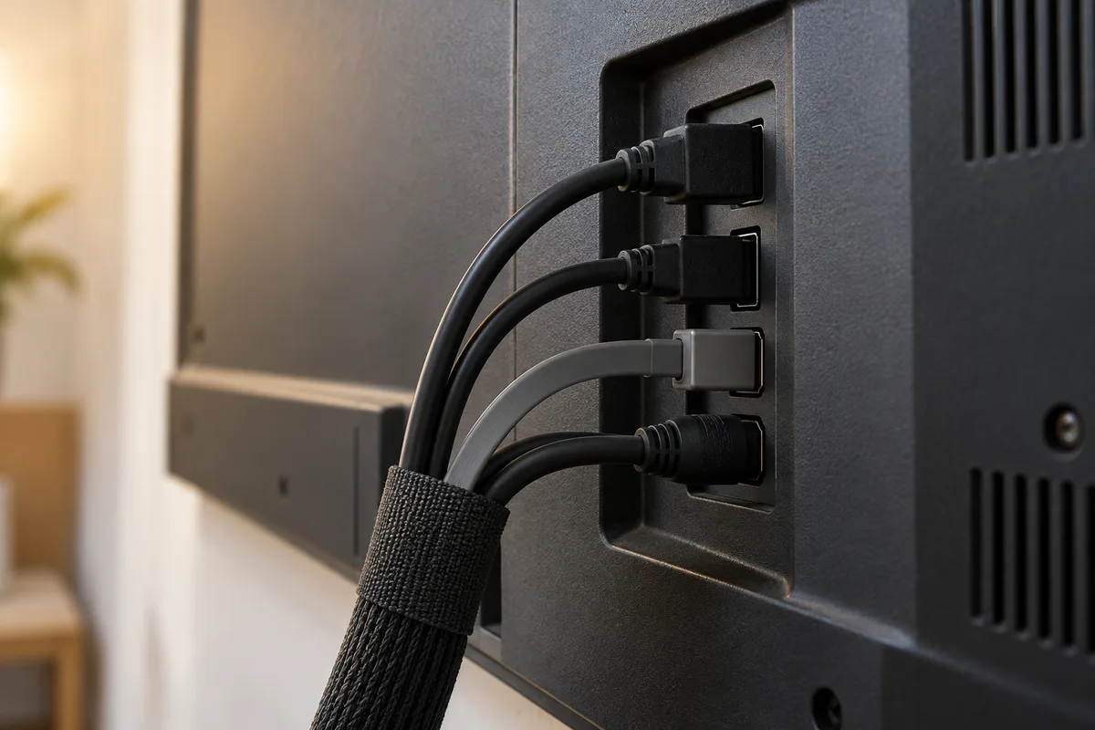 Arrière d&rsquo;un téléviseur mural avec ses câbles branchés dans les connecteurs, lumière rasante