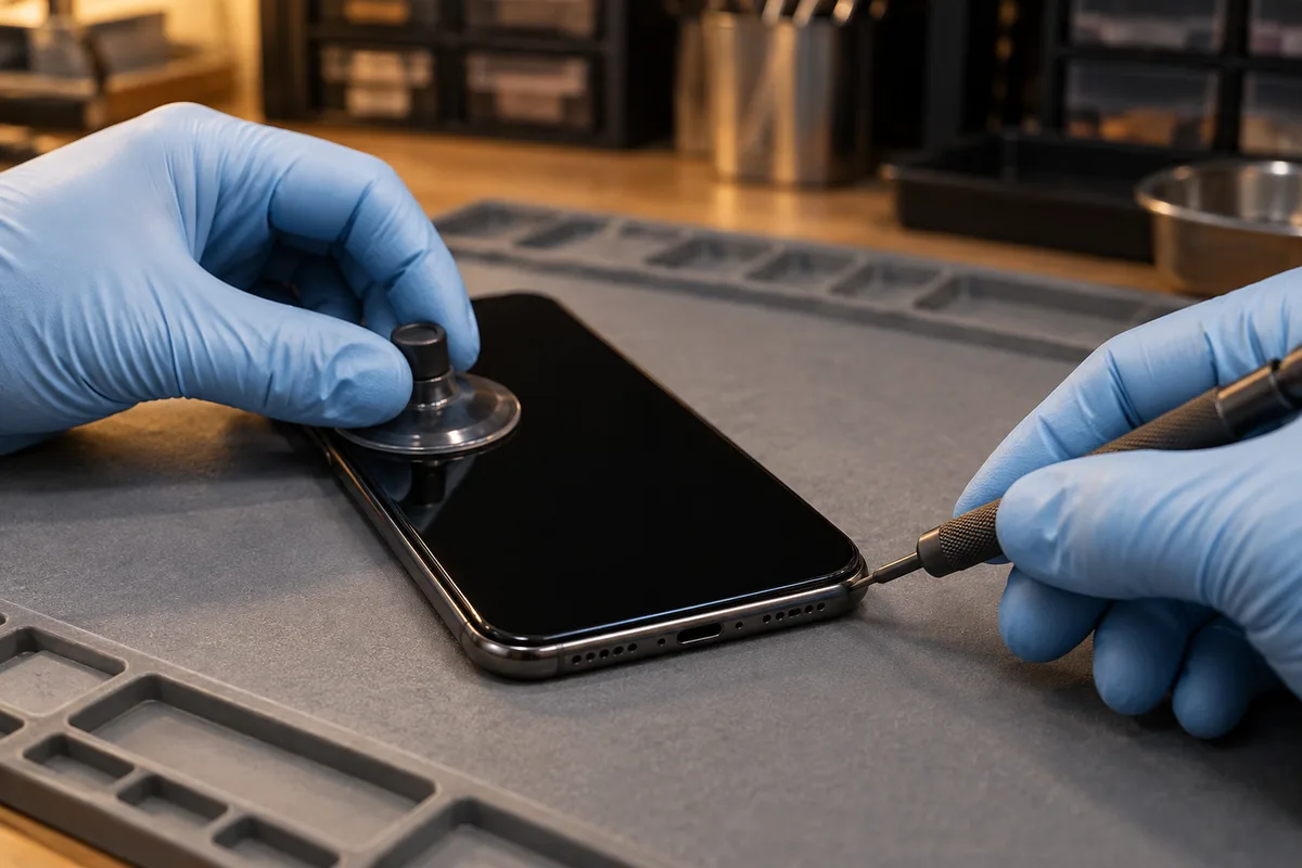 Mains gantées ouvrant un smartphone avec une ventouse et un tournevis fin