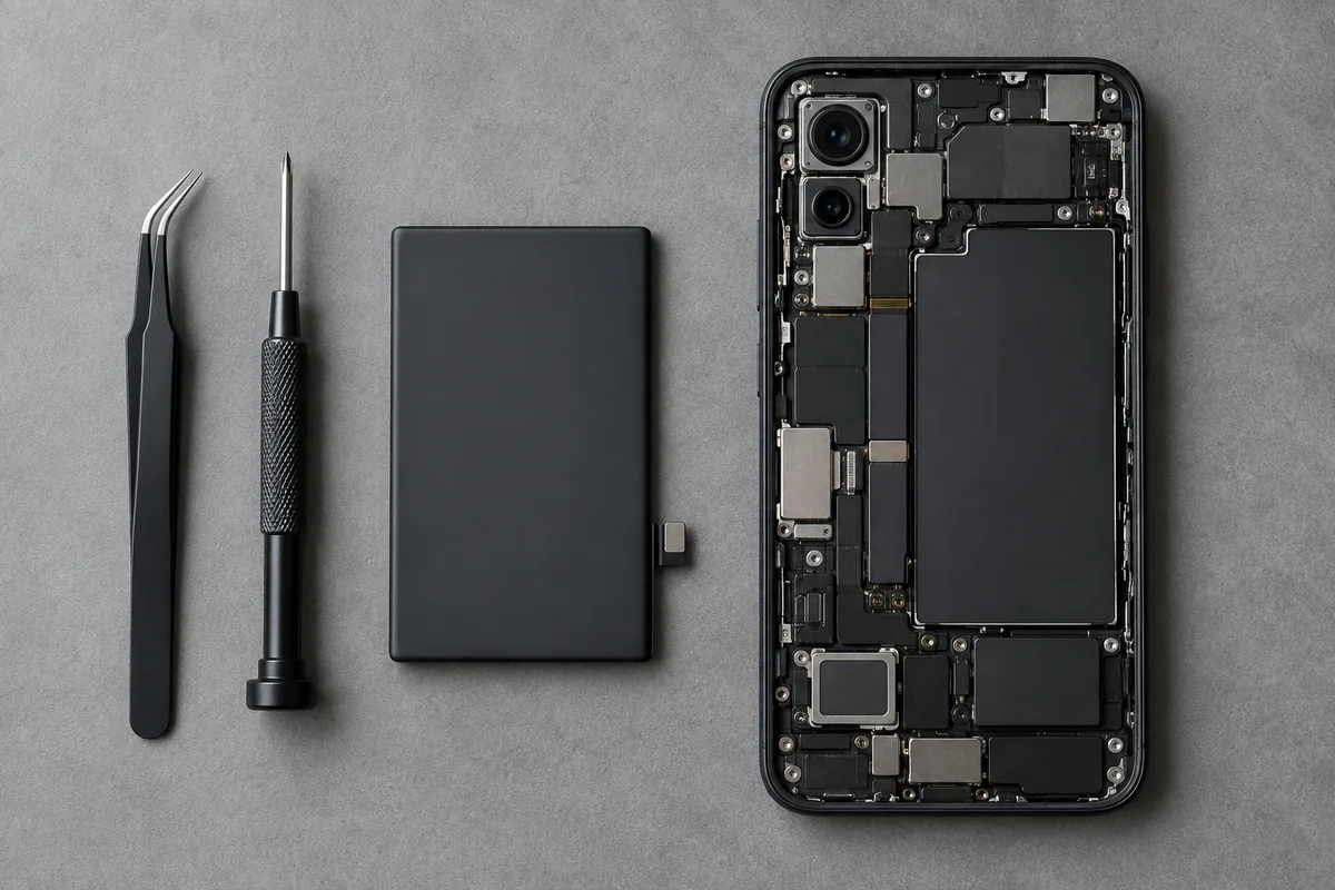 Batterie de smartphone nue posée à côté d&rsquo;un téléphone ouvert