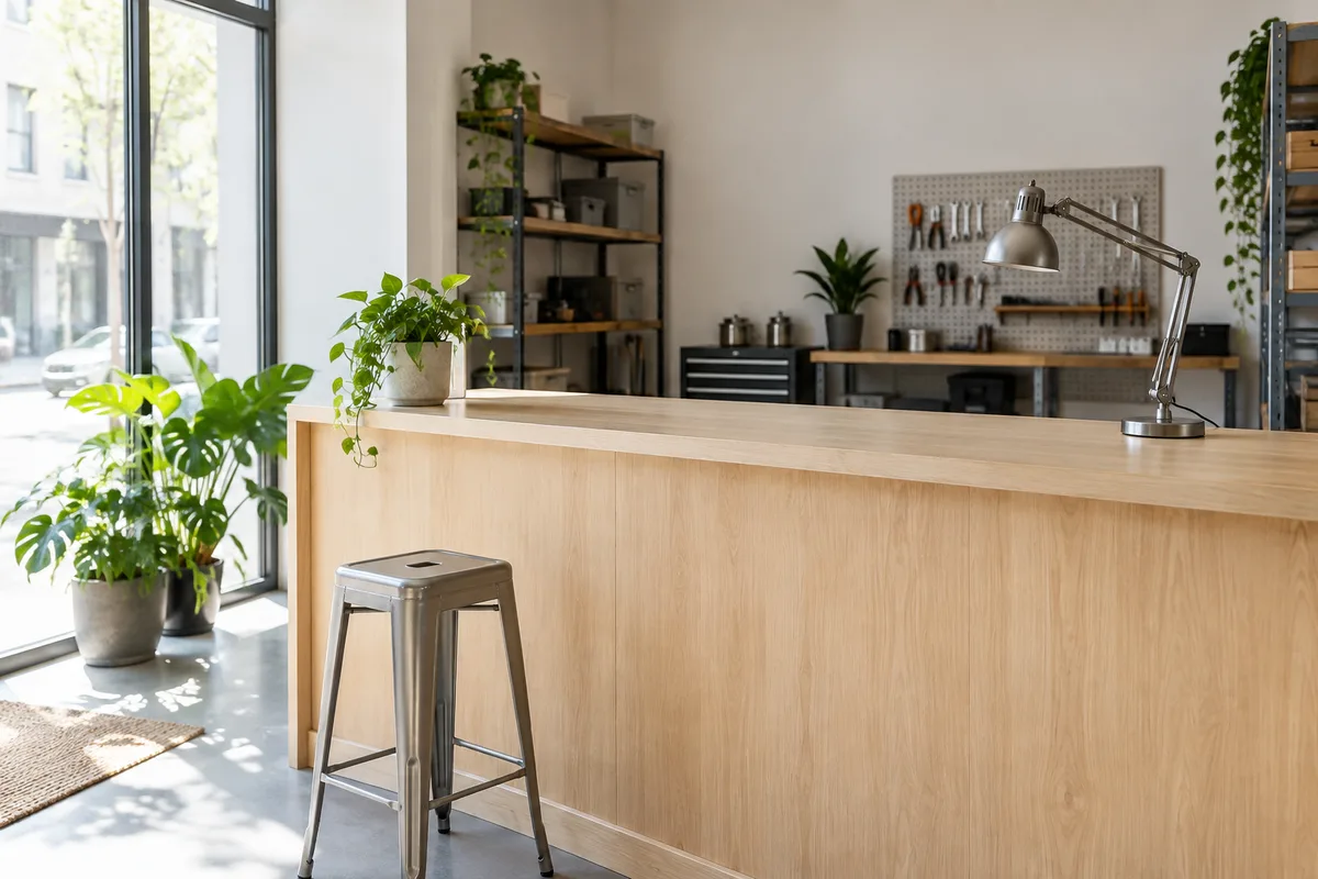 Comptoir d&rsquo;atelier de réparation lumineux et vide